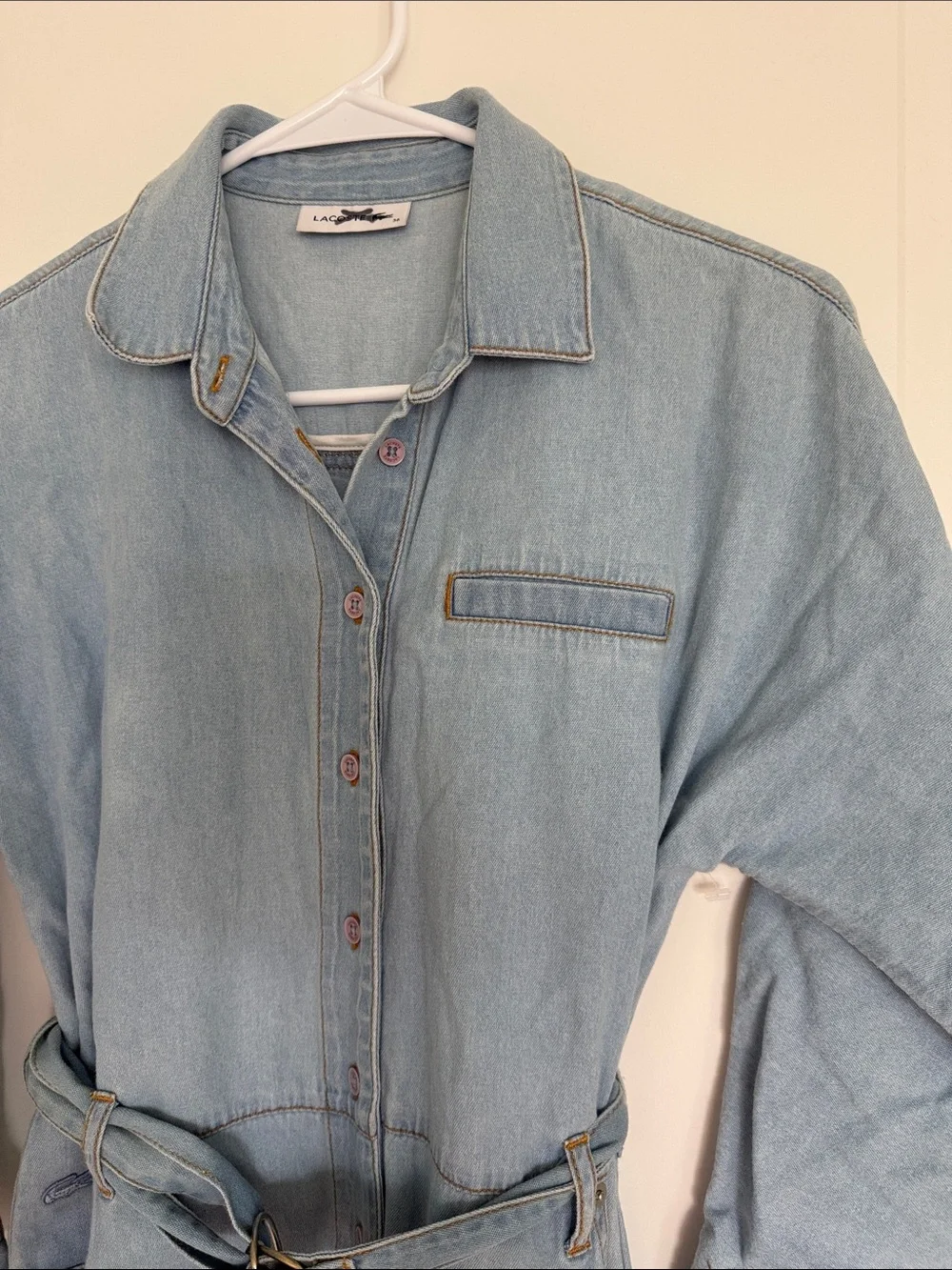 LACOSTE Light Blue Denim Belted Dress with Collar Sz 36 Long Sleeves Denim Mini - Picture 3 of 10